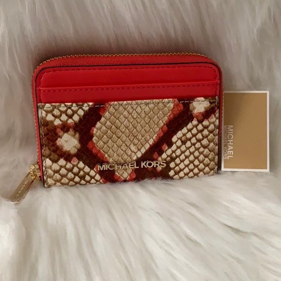 MICHAEL KORS Python Embossed Card Case Coral - Picture 1 of 4